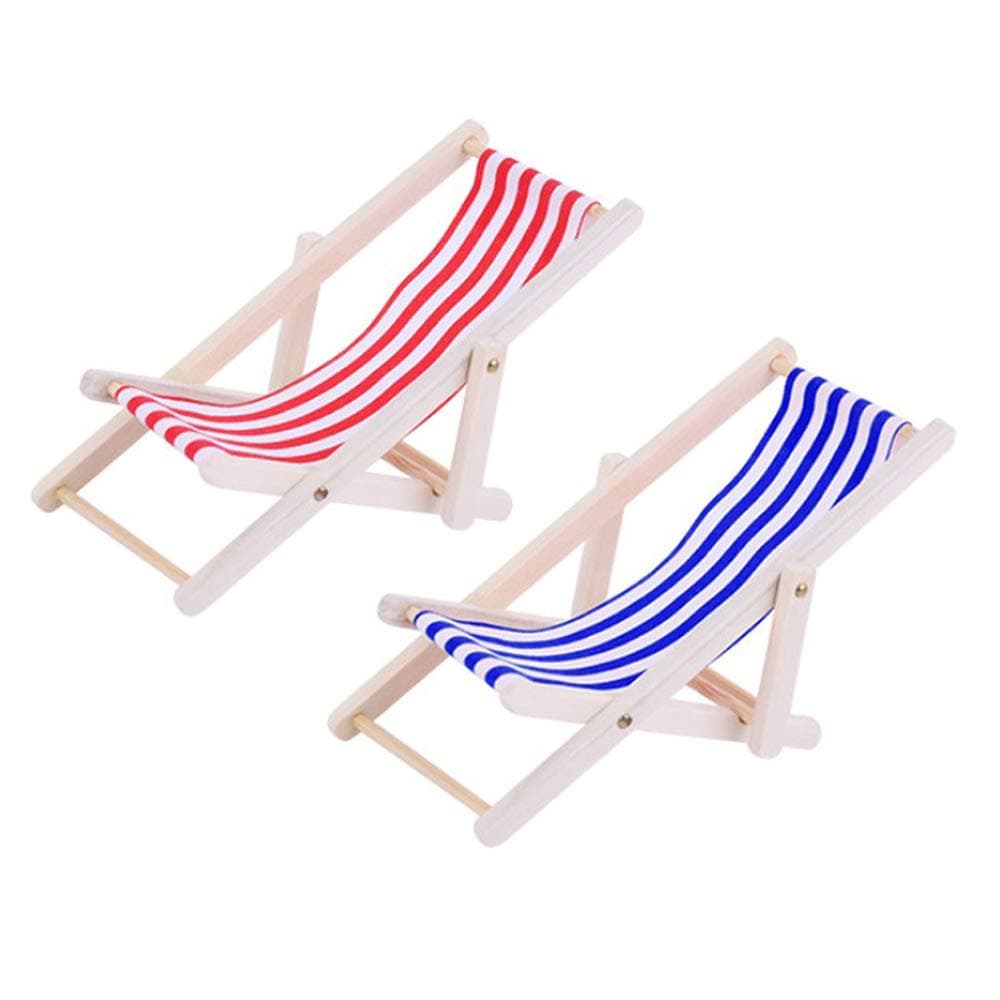 Amaoma Miniature Beach Chairs Deck Chairs Folding Wooden Foldable Dolls House Furniture Chaise Longue Deck Chair Mini Furniture Accessories with Red/ Blue Stripe for Dollhouse Garden Accessory 2 Pcs