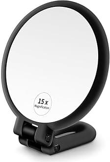 Plastic 1x 10x Magnifying Handheld Square Hand Mirror, Travel Folding Held Double Sided Pedestal Magnification and True Image Makeup Mirror for Women with Adjustable Handle