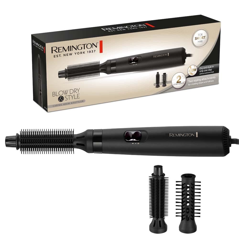 Remington Hot Air Brush [Includes 2 Attachments: 19 mm & 25 mm Round Brush] Blow Dry & Style (Dries & Styles for Shape & Fullness Ideal for Short Hair) 2 Heating & Fan Levels, Airstyler AS7100, Black