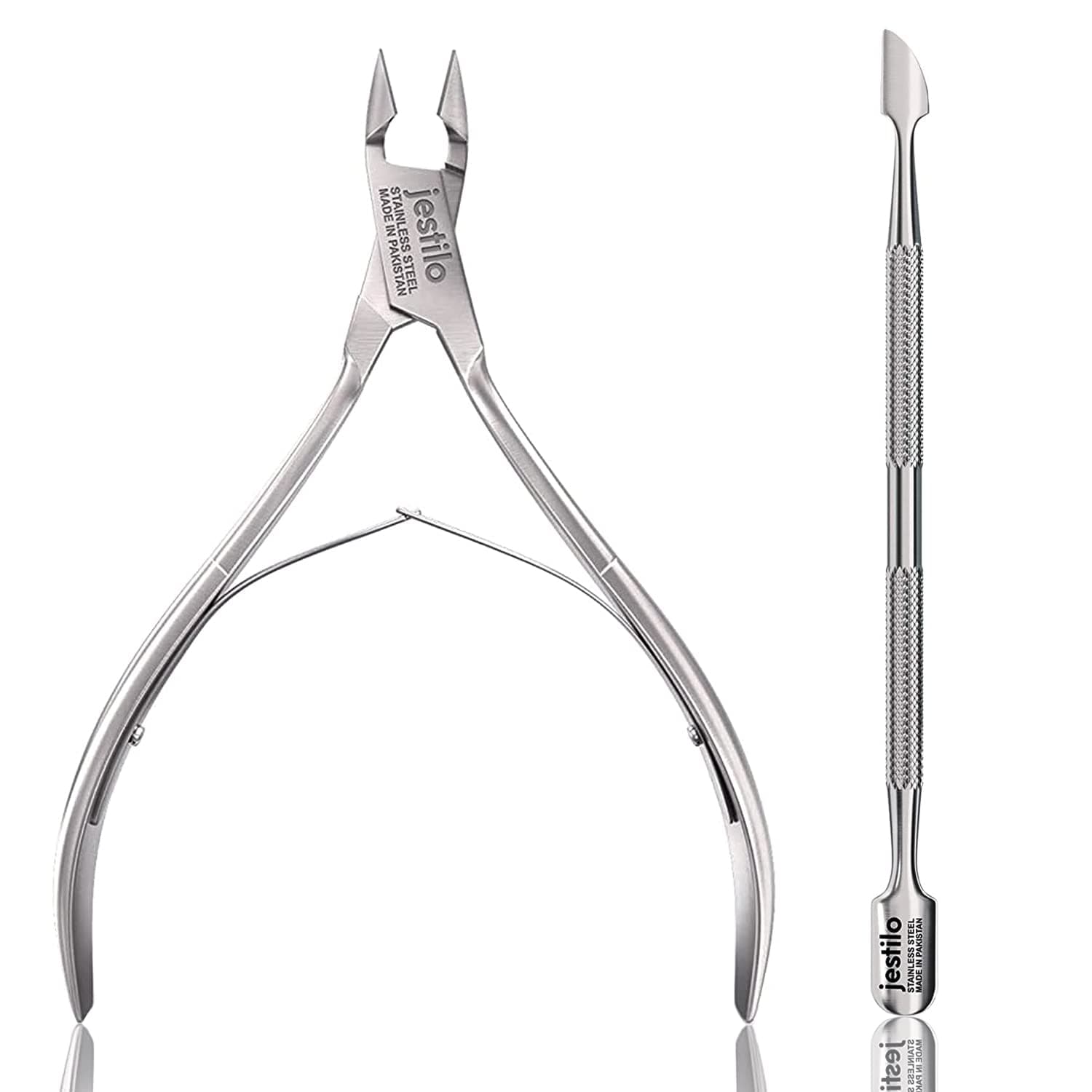 Jestilo Cuticle Remover Tool Set with Cuticle Cutter and Cuticle Pusher - Stainless Steel Professional Cuticle Nipper and Pusher Nail Care Tools for Salon and Level Mani-Pedi at Home (Silver)