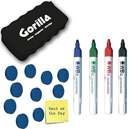 Whiteboard Drywipe Magnetic Kit, Includes 4 drywipe markers, 10 x Magnets Colour (BLUE) and 1 x Magnetic Whiteboard Eraser (Colour Random)