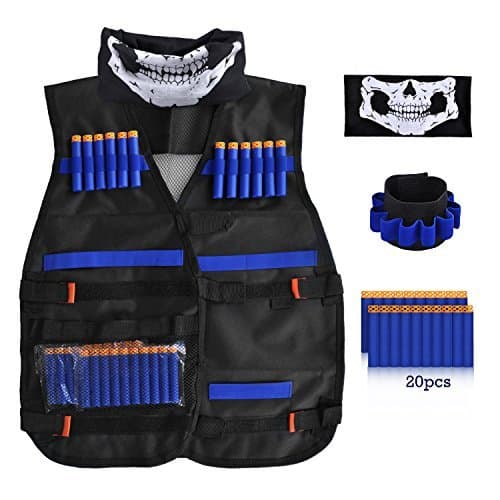 YTYI Tactical Vest, Adjustable Tactical Vest Jacket Kit with 20Pcs Soft Foam Darts Bullets, 1Pcs 8-Dart Wrist Band & Seamless Face Mask for Nerf Gun N-strike Elite Series