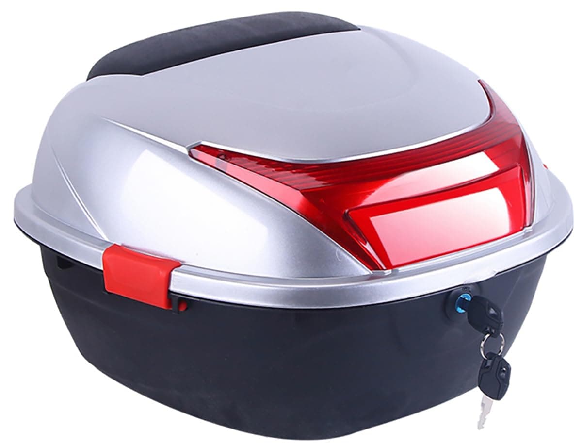 Motorcycle Top Case, Motorcycle Daily Tail Box Trunk Lockable Storage Carrier Plastic Waterproof Top Box with Backrest Universal Mounting for Helmet Luggage,Grey