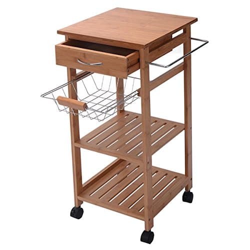 Rolling Bamboo Kitchen Island Storage Utility Cart Dining Portable Trolley Stand Storage Cabinet Drawer Shelves Chrome Plated Basket Stainless Steel Towel Rack Easy Storage