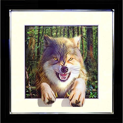 Amacobiz 5D / 3D + Lenticular Framed 3D Picture Poster Artwork Wall Decor Holographic Pics Optical Illusion Animated Image on Canvas (with Black Frame) (Wolf Leap)