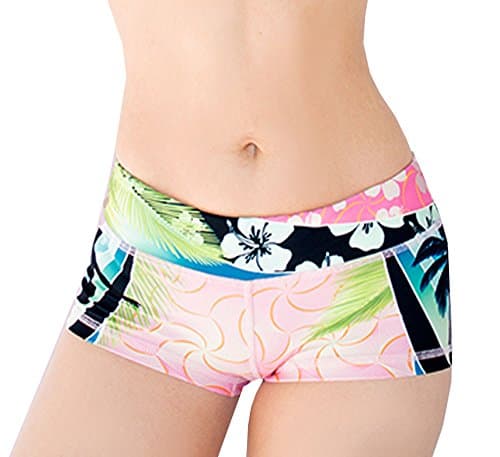 APPLELETICS Women's Tropical Mini Patterned Paddle Board Swimsuit Bottom Shorts (Small, Palm Leaves Pink)