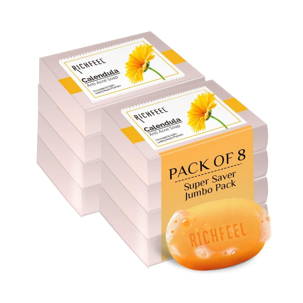 Anti-Acne Calendula Bath Soap | Face brightening soap | For acne-prone and oily skin | Suitable for tan removal | Anti acne bathing bar Reduces dark spots | Natural extracts | Herbal | Natural |Vegan soap | Paraben-free & Sulphate-free | Skin Brightening Soap For Men & Women Gentle Formulations by India’s OG Beauty Experts | 75g (Pack of 8)