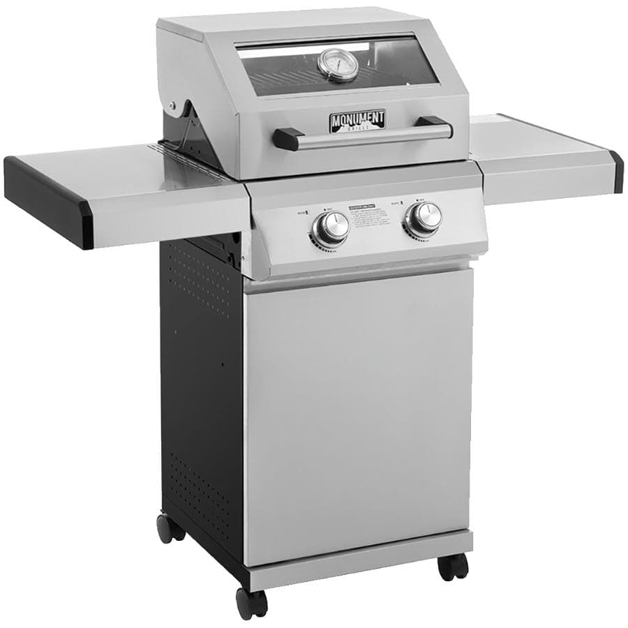 Monument Grills 14633 2-Burner Stainless Steel Foldable Liquid Propane Gas Grill with Clearview® Lid, Knob Controls, Outdoor Use, Mesa 200