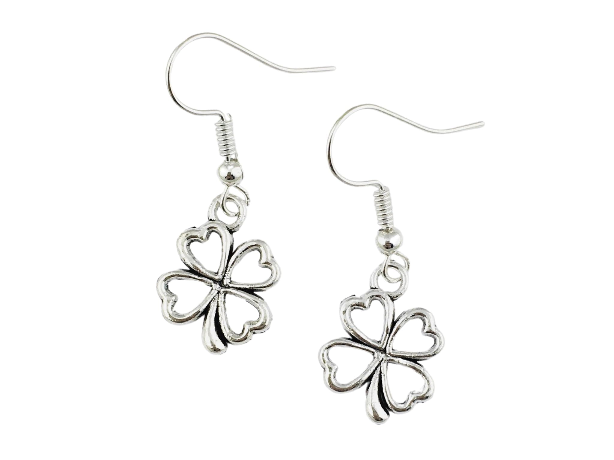 Dainty Four Leaf Clover Earrings sterling silver or silver plated hooks, Botanical plant jewellery shamrock gift st patricks day irish dancing good luck