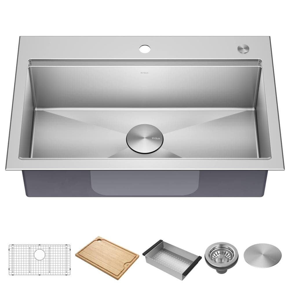 Kore 32-Inch Drop In/Undermount Workstation 16 Gauge Single Bowl Stainless Steel Kitchen Sink with Accessories, KWT300-32