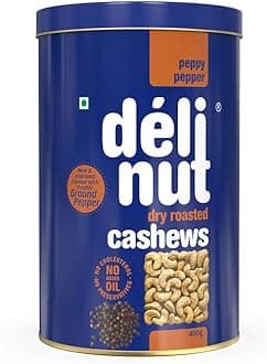 Delinut Peppy Pepper Dry Roasted Cashews/Kaju 400g | Bold & Crunchy WW240 Whole Cashew Nuts | Black Pepper Flavour | FOST Flavour Lock Technology | Nitrogen Flushed | No Added Oil, Colors or Preservatives