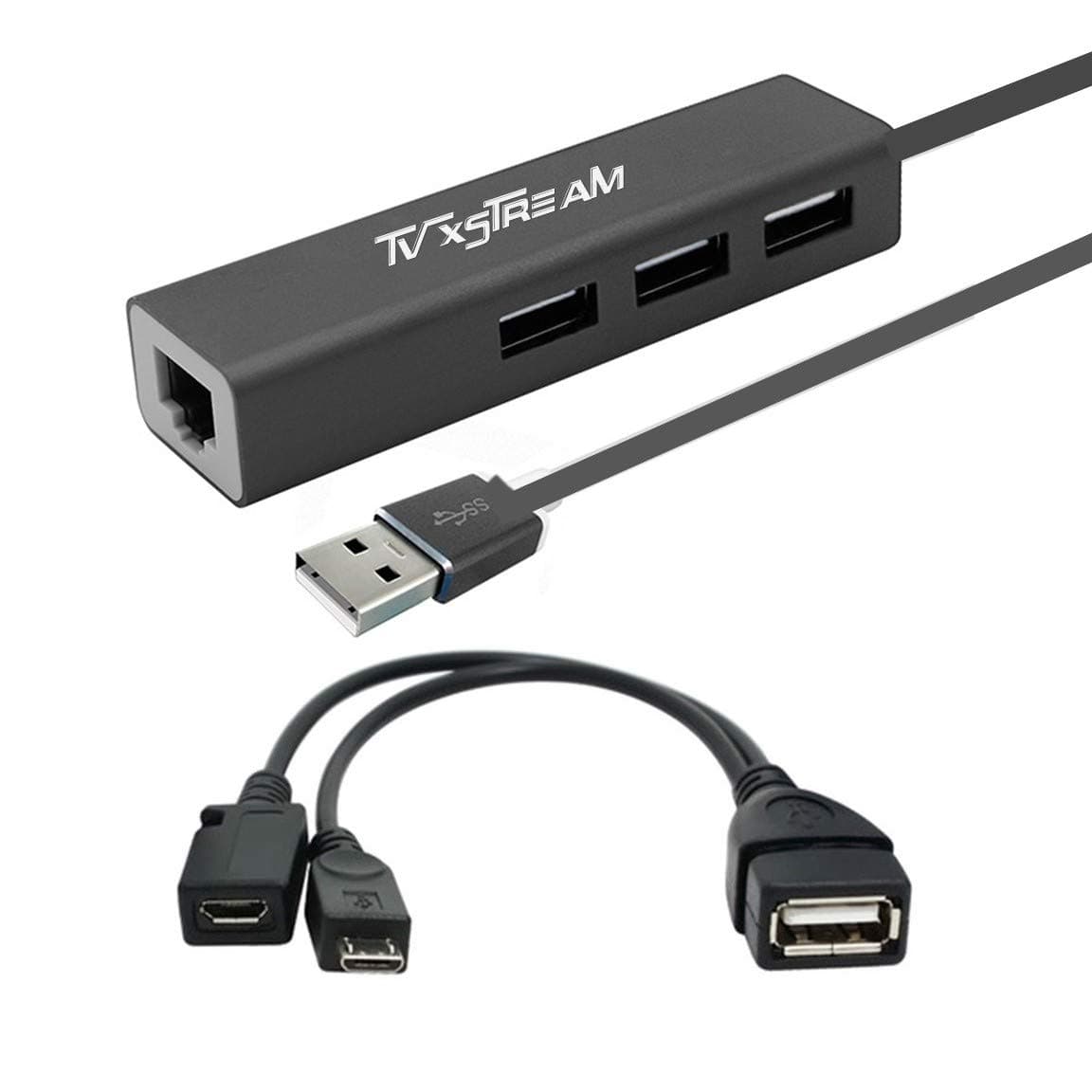 LAN Ethernet Adapter with 3 USB Port Hub with OTG USB Power Included for TV Streaming Devices FIRESTICKS, 2nd Gen, 3rd Gen 4K firestick, Expand Storage and More