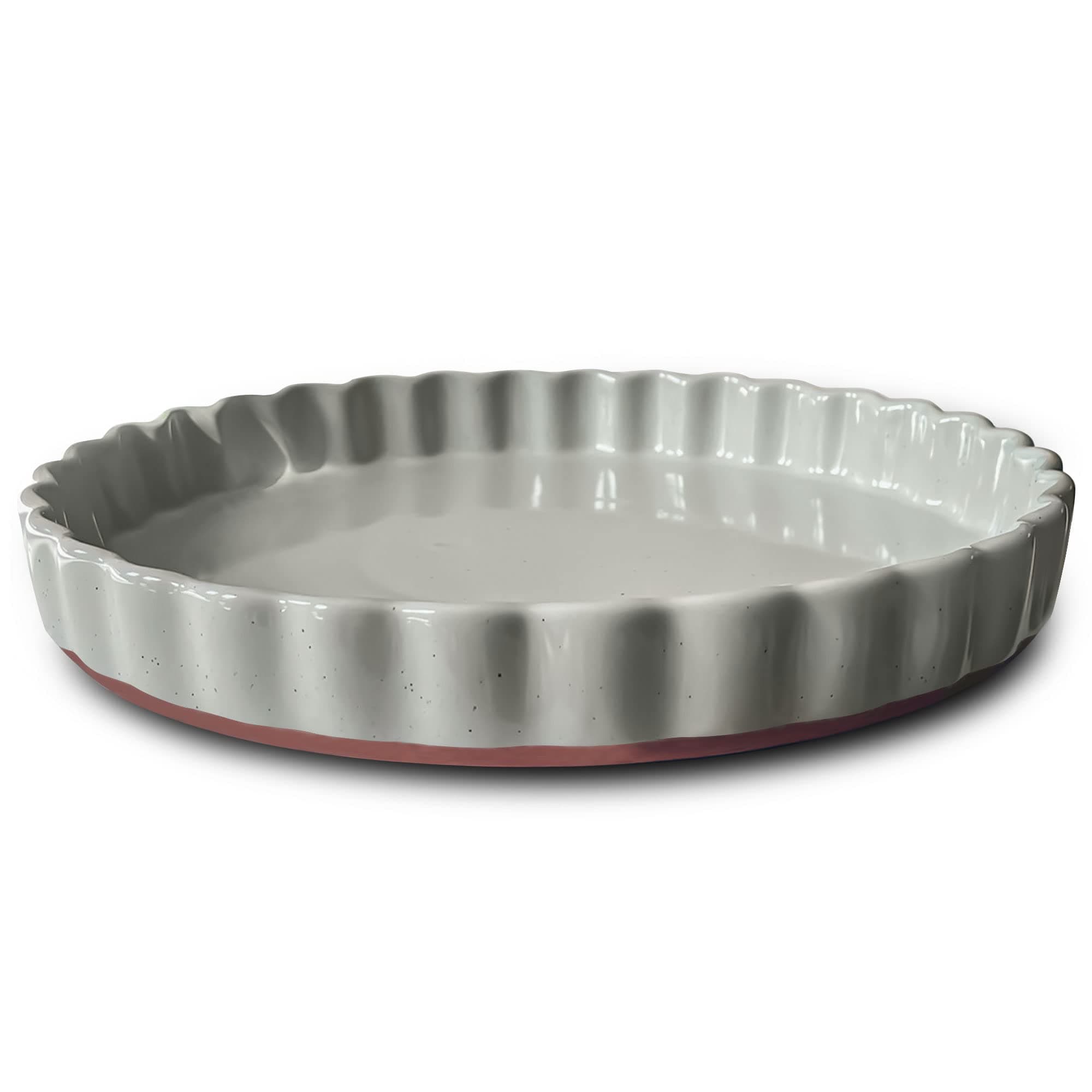 MORA Ceramic Tart Pan, 9.5 Inch Large Porcelain Baking Dish for Tarts, Quiche, Pie, Flan etc. Fluted Ruffled Edge, Oven, Microwave, Freezer, and Dishwasher safe - Great Gift For Bakers - Earl Grey