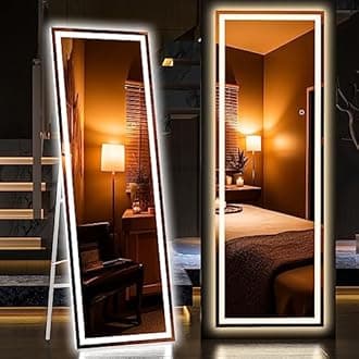 Hasipu Full Length Mirror with Lights, 65" x 20" LED Floor Mirror, Full Body Dressing Standing Mirror, Hanging Mounted Mirror for Living Room Bedroom Cloakroom, Square White