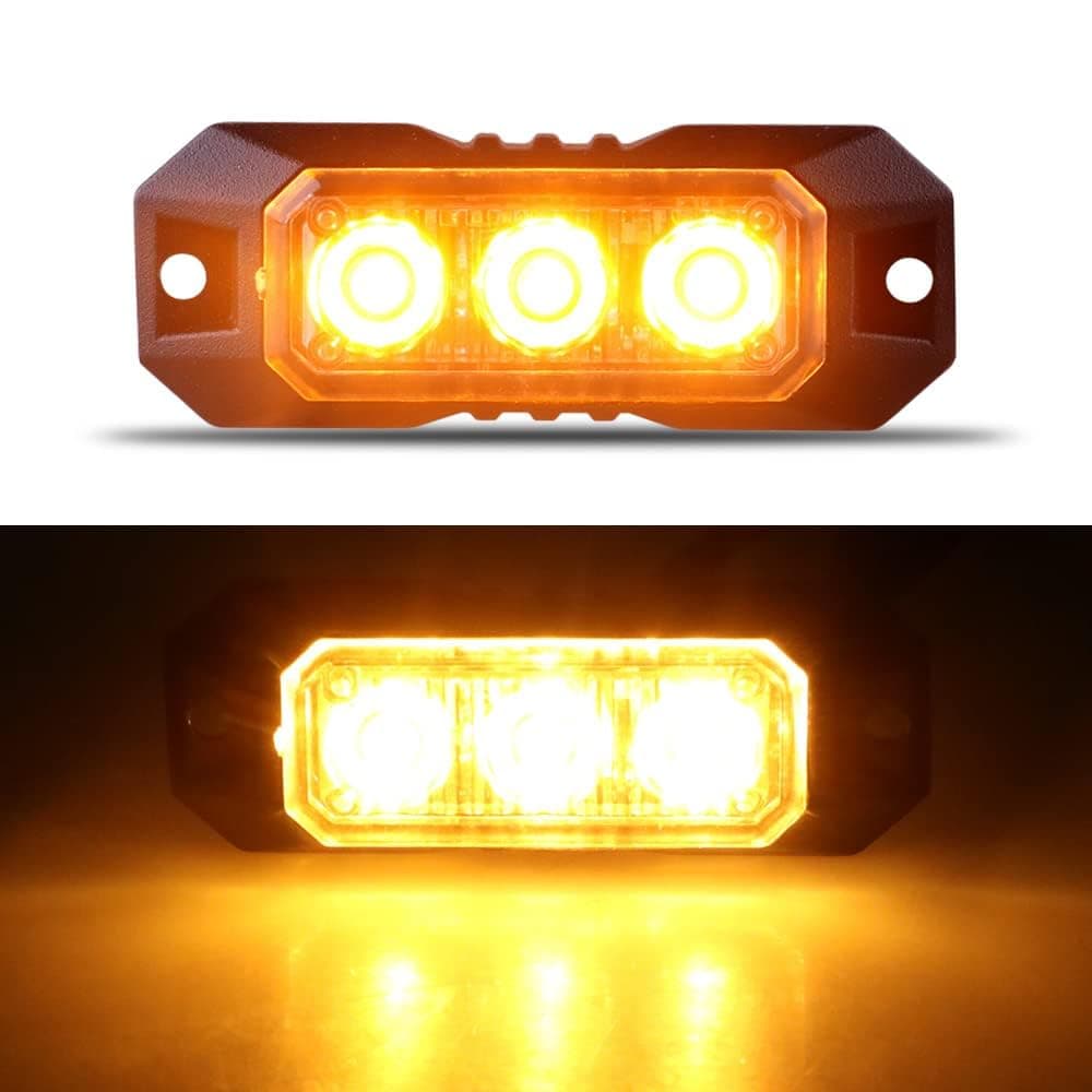 3 Amber LED Strobe Lights for Trucks Vehicle Emergency Flashing Car Lights LED Mini Grille Lamp Hazard Mount Emergency Strobe Lights Kit 12V -24V for off Road Car with Sync Function
