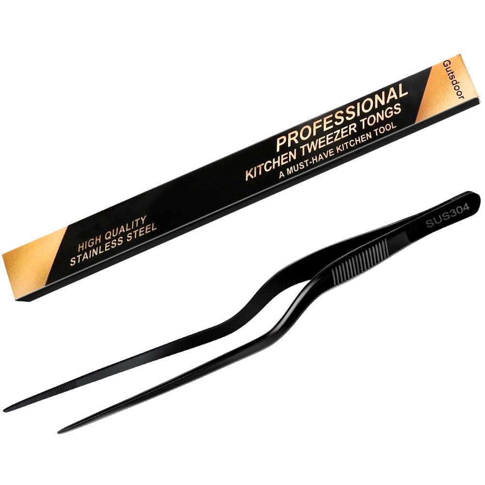 Gutsdoor 8 Inch Black Offset Ergonomic Stainless Steel Precision Culinary Tweezers