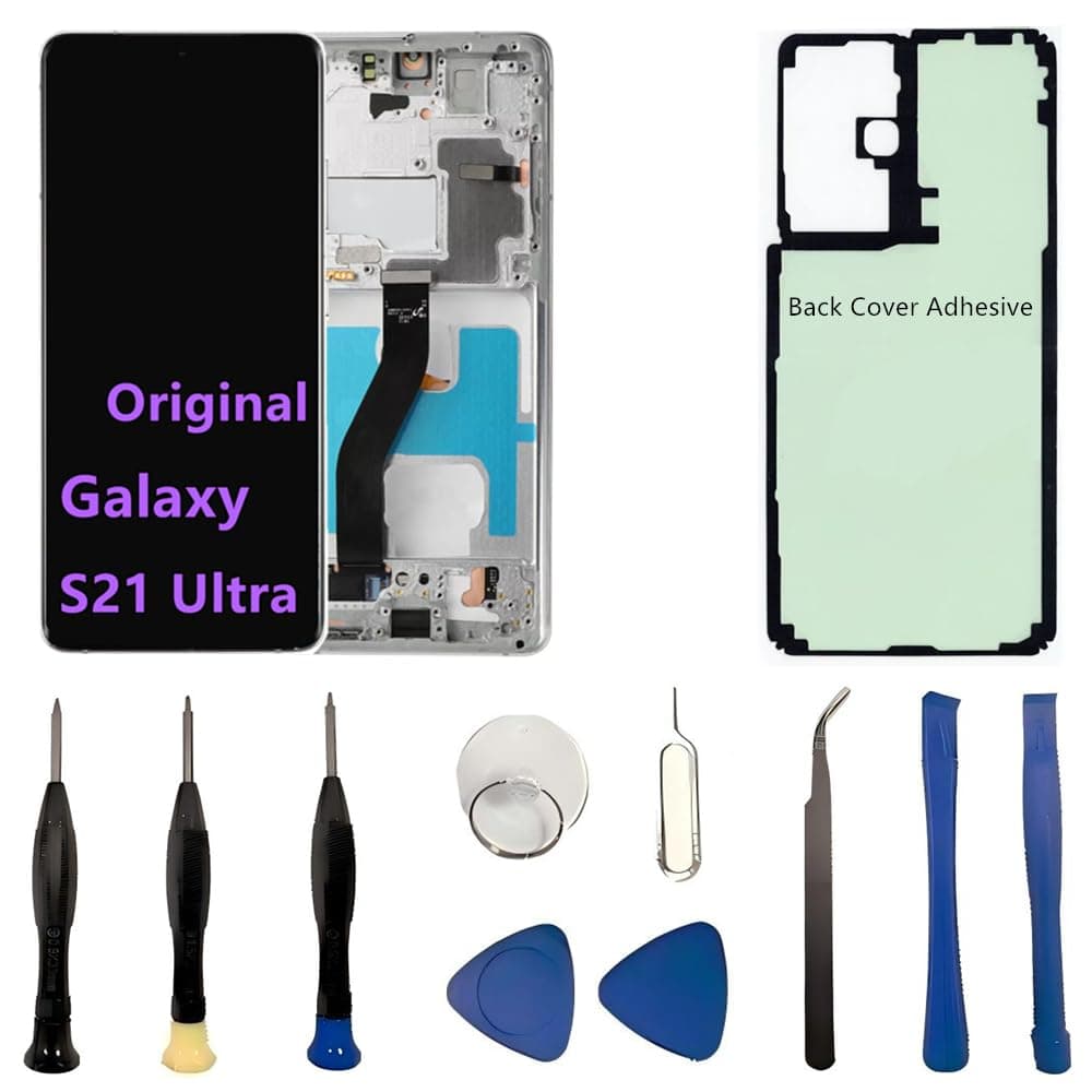 Original 6.8" AMOLED Display for Samsung Galaxy S21 Ultra Screen Replacement OEM S21Ultra 5G SM-S998U SM-S998U1 Display Touch Screen Digitizer Assembly (with Silver Frame+Back Cover Adhesive+Tools)