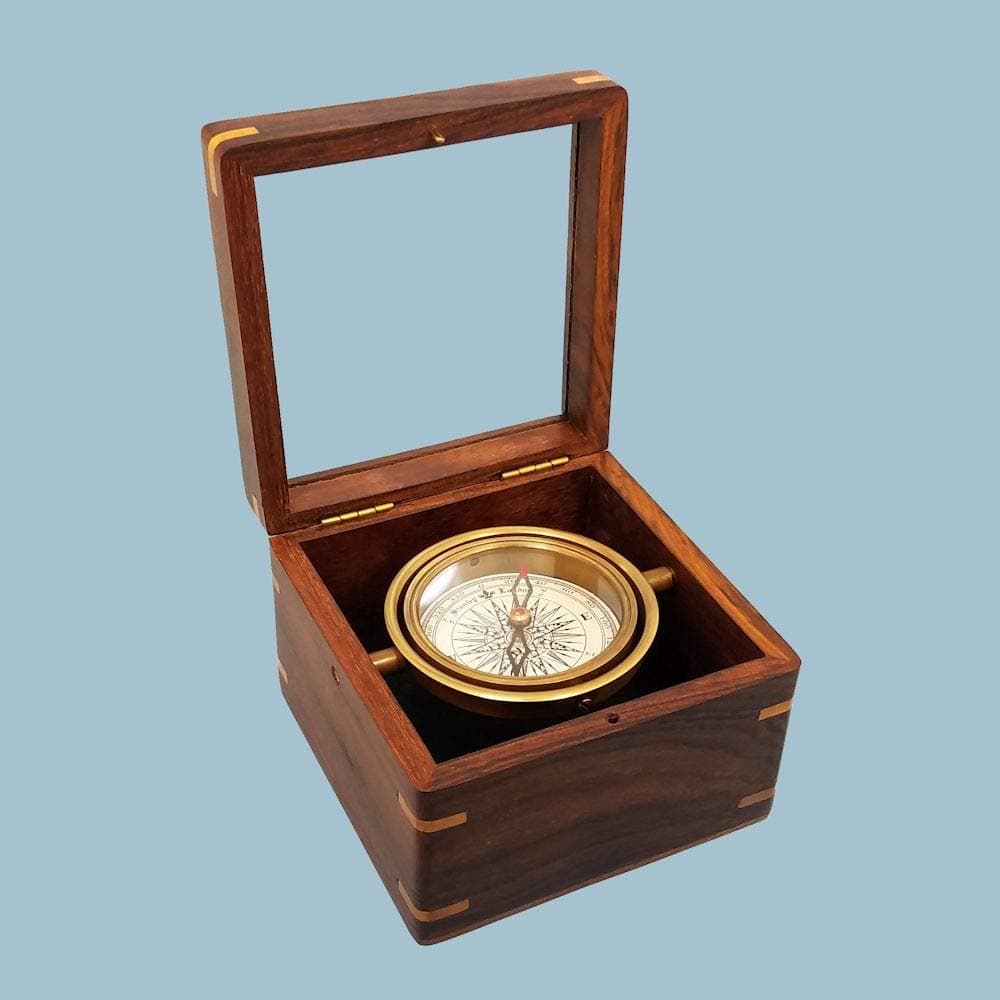 Small Gimbaled Boxed Brass Nautical Compass w/Beveled Glass Top