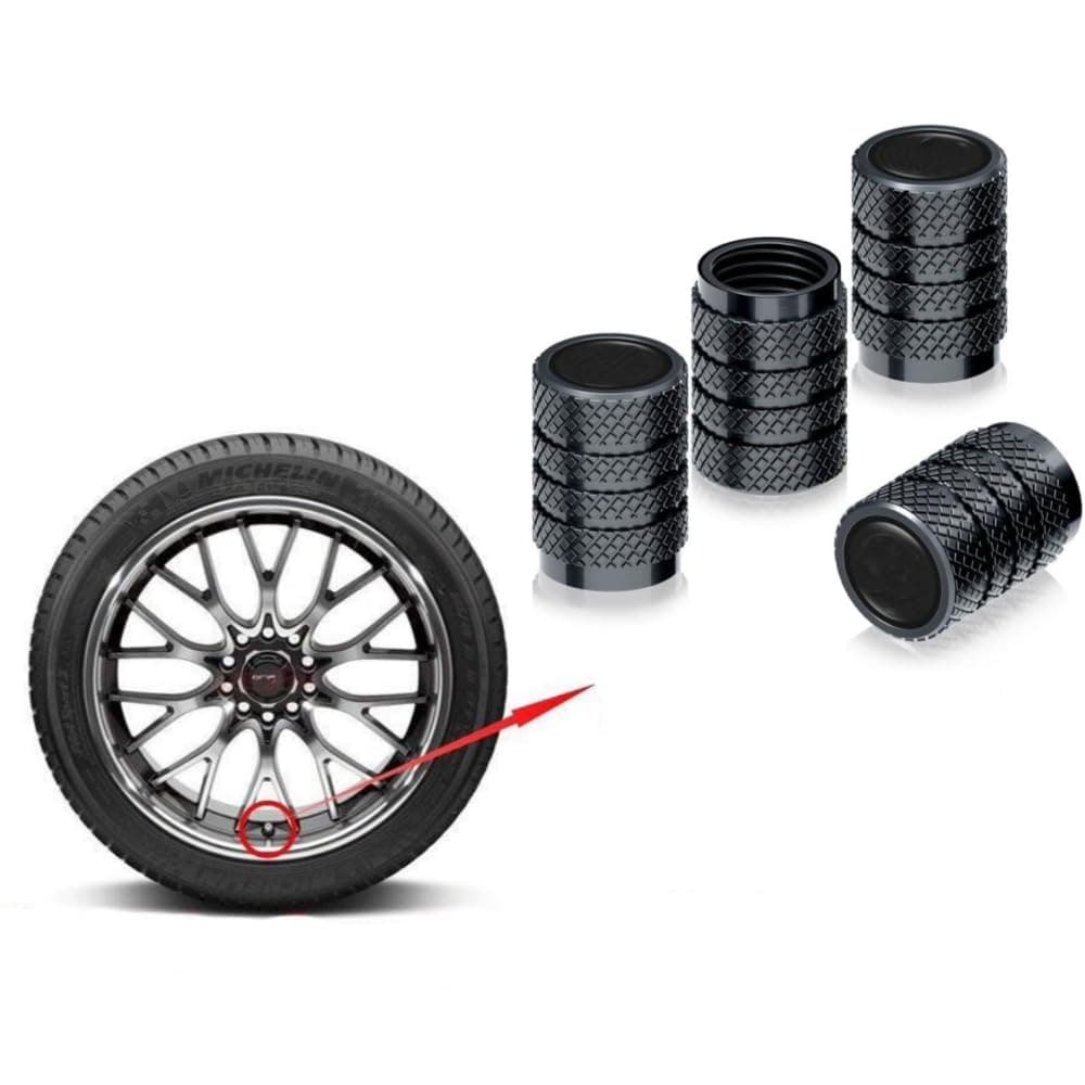 Tire Valve Stem Caps, Black, 4 pcs/Pack, Anodized Aluminum Tire Valve Cap Set, Corrosion Resistant, Universal Stem Covers for Cars Trucks Motorcycles SUVs and Bikes