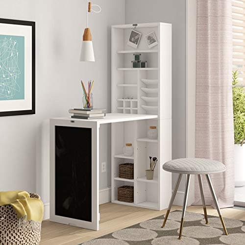 Utopia Alley Collapsible Fold Down Desk Table | Chalkboard Wall with Storage Cabinet & Bottom Shelves, Multipurpose Foldable Desk for Home, Office, Crafting, and More (White)