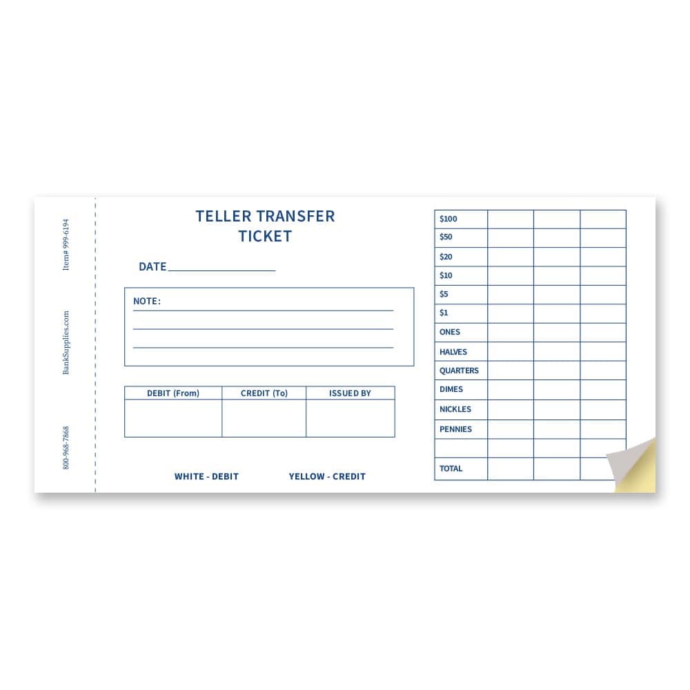 Teller Transfer Ticket Debit/Credit Pack of 100 2 Copies Each Form