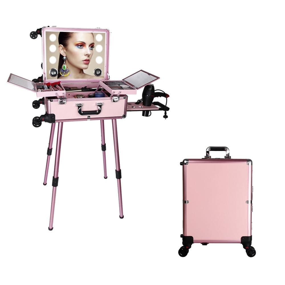 Professional Makeup Train Case - Large Travel Cosmetics Organizer with Mirror & LED Light, Rolling Makeup Trolley, Portable Vanity Makeup Brush Storage Box (Pink)