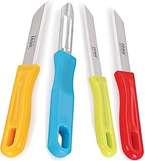Knife Set - Serrated 110mm and 90mm, Plain 90mm, Promo Peeler - Kitchen Accessory for Home and Restaurant (Stainless Steel, Silver)
