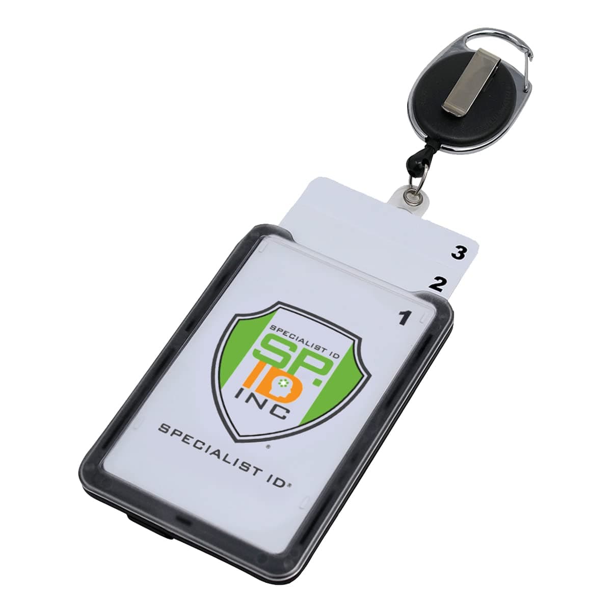 Hard Plastic 3 Card Badge Holder with Retractable Reel - Retracting ID Lanyard Features Belt Clip & Carabiner - Rigid Vertical CAC Holder - Top Load Holds Three Cards by Specialist ID (Black)
