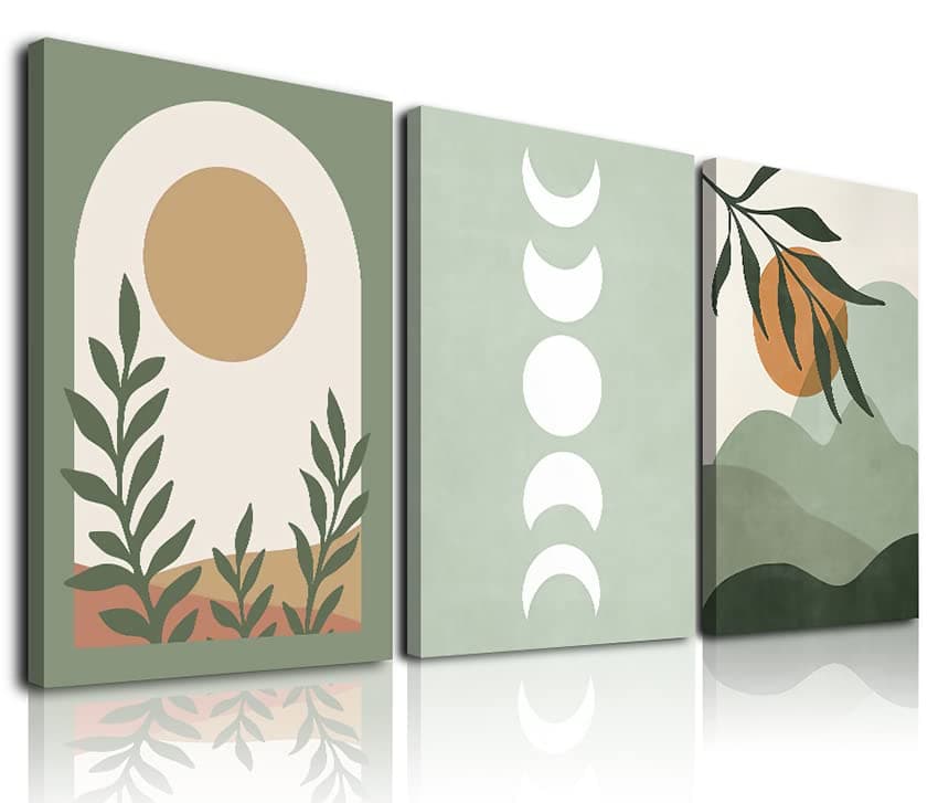 Sage Green Boho Wall Art Set of 3, Boho Room Decor, Mid-Century Modern Wall Art Prints, Framed Neutral Abstract Canvas Prints Green Wall Art Sun Leaf Mountain Minimalist Artwork 12" X 16" for Bathroom