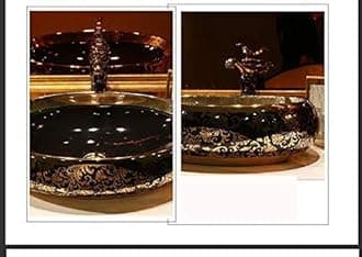 Ceramic Oval Shape Table Top Vessel Sink Over Counter Wash Basin (24 X 16 X 6 Inch, Black Gold)