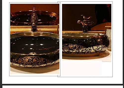 Ceramic Oval Shape Table Top Vessel Sink Over Counter Wash Basin (24 X 16 X 6 Inch, Black Gold)