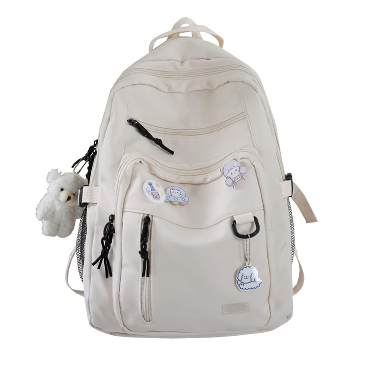Cute Aesthetic Backpack for School Middle Student Travel White Backpack Teens Girls Bear Pin Book Bags