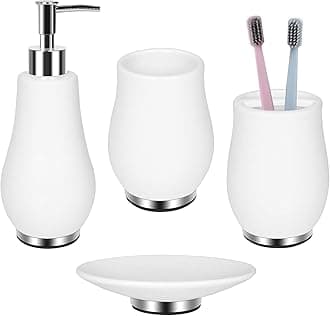Bathroom Accessories Set 4 Pcs Toothbrush Holder Soap Dispenser Ceramic Bathroom Accessory Set with Toothbrush Cup Soap Dish Tumbler White
