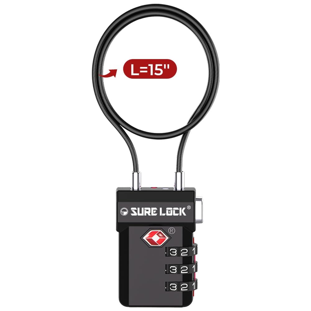 SURE LOCK TSA Compatible Travel Luggage Locks, Inspection Indicator, Easy Read Dials (Extra Long Cable)