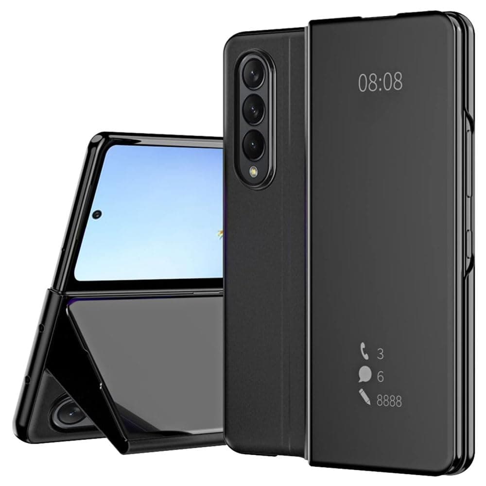 Moninsta Compatible with Samsung Galaxy Z Fold 5 Case,Plating Mirror Makeup Phone Case Flip Shockproof Cover,with Kickstand Anti-Scratch Protective Phone Case Slim Armor Case (Black)