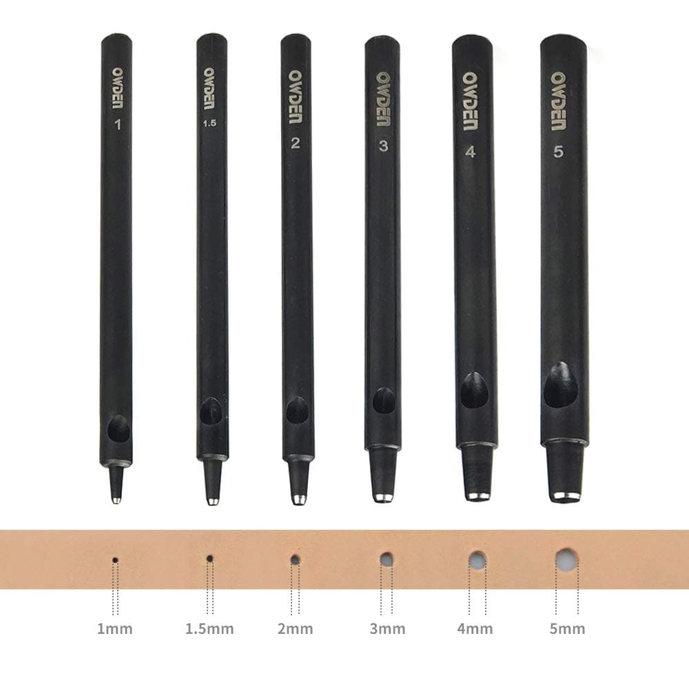 OWDEN Professional 6Pcs. Leather Hollow Punch Set. Size: 1.0-5.0mm for Belt, Watch Band and Strap Gasket. with a Free mini Cutting mat.