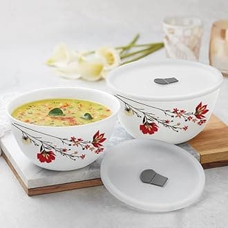Larah by BOROSIL Chrys Red Set of 2 Mixing & Serving Bowls with Lids, Microwave Safe (1 L Each), Toughened Opal Glass, for Serving, Re-Heating & Mixing