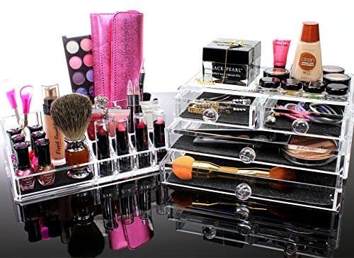 Best Acrylic Makeup Organizer For BEAUTIFUL Cosmetic Storage - 2 Piece Quality Display For Make Up & Jewelry - This Clear Organiser Case Is The PERFECT Holder For All Your Cosmetics - Cute & Modern