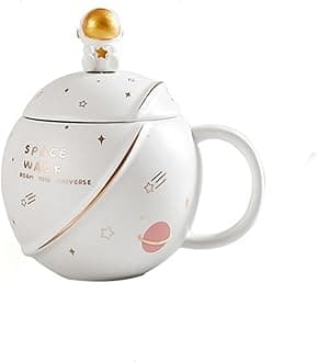 NYRWANA Coffee Mug, Mugs for Coffee, Birthday Gift, Coffee Mug with Lid, Mug with Lid & Spoon, Ceramic Mug, 3D Creative Space and Astronaut Planet Coffee Mug (400ml - White)