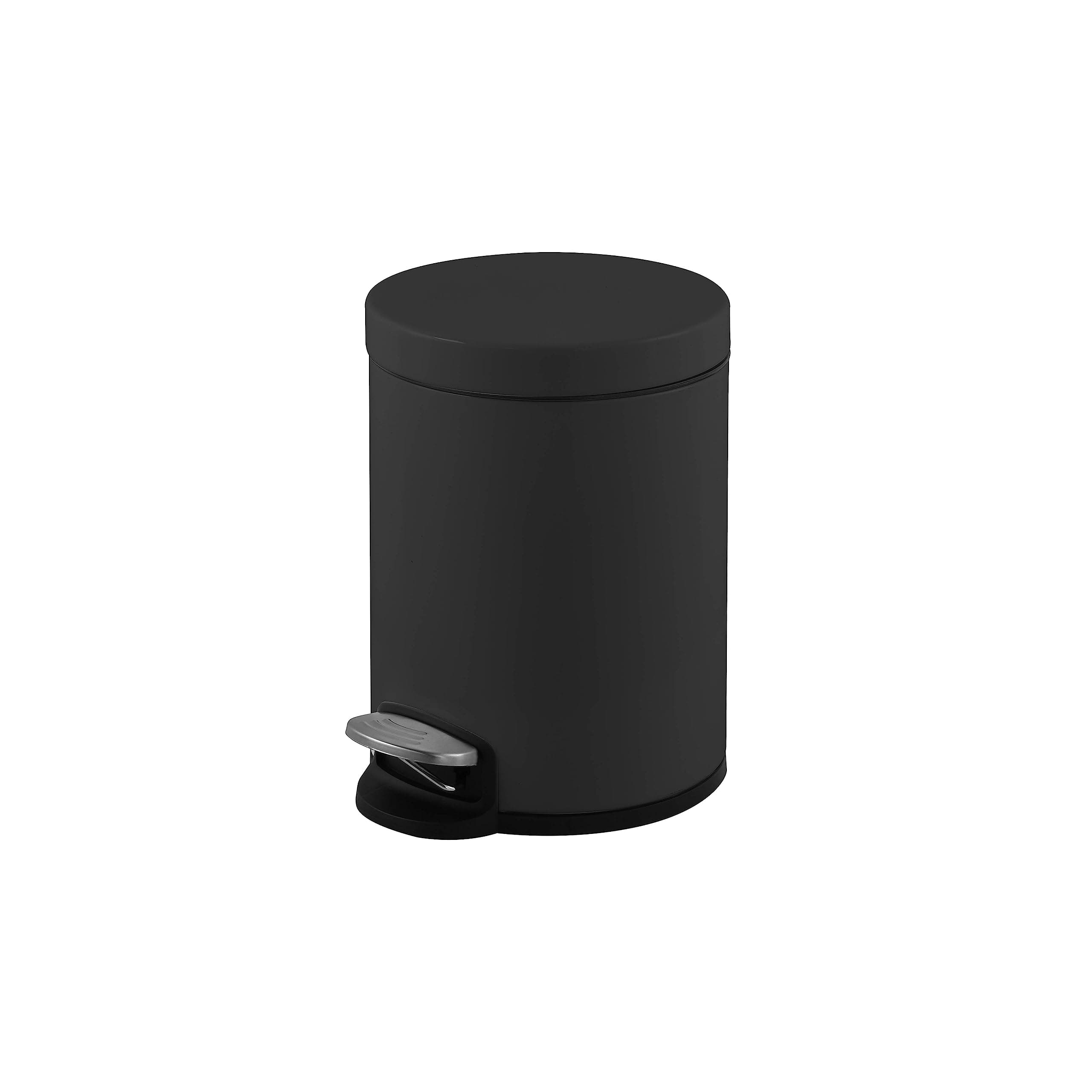 5L Bin, Matt Black, Round Pedal Trash Can With Lid, Hands-Free Ideal For Kitchen, Bathroom, Bedroom, Office 20X20X28 Cm Black