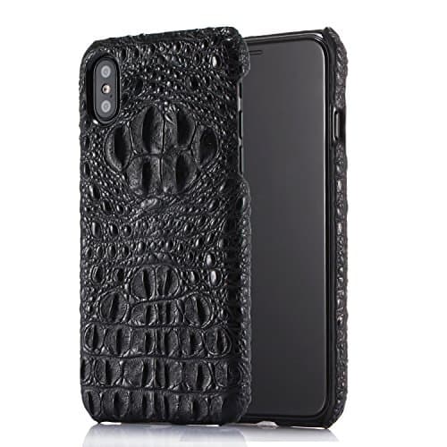 iPhone X Case (5.8"), Crocodile Grain Genuine Cow Leather Luxury Back Case for iPhone X (Black)