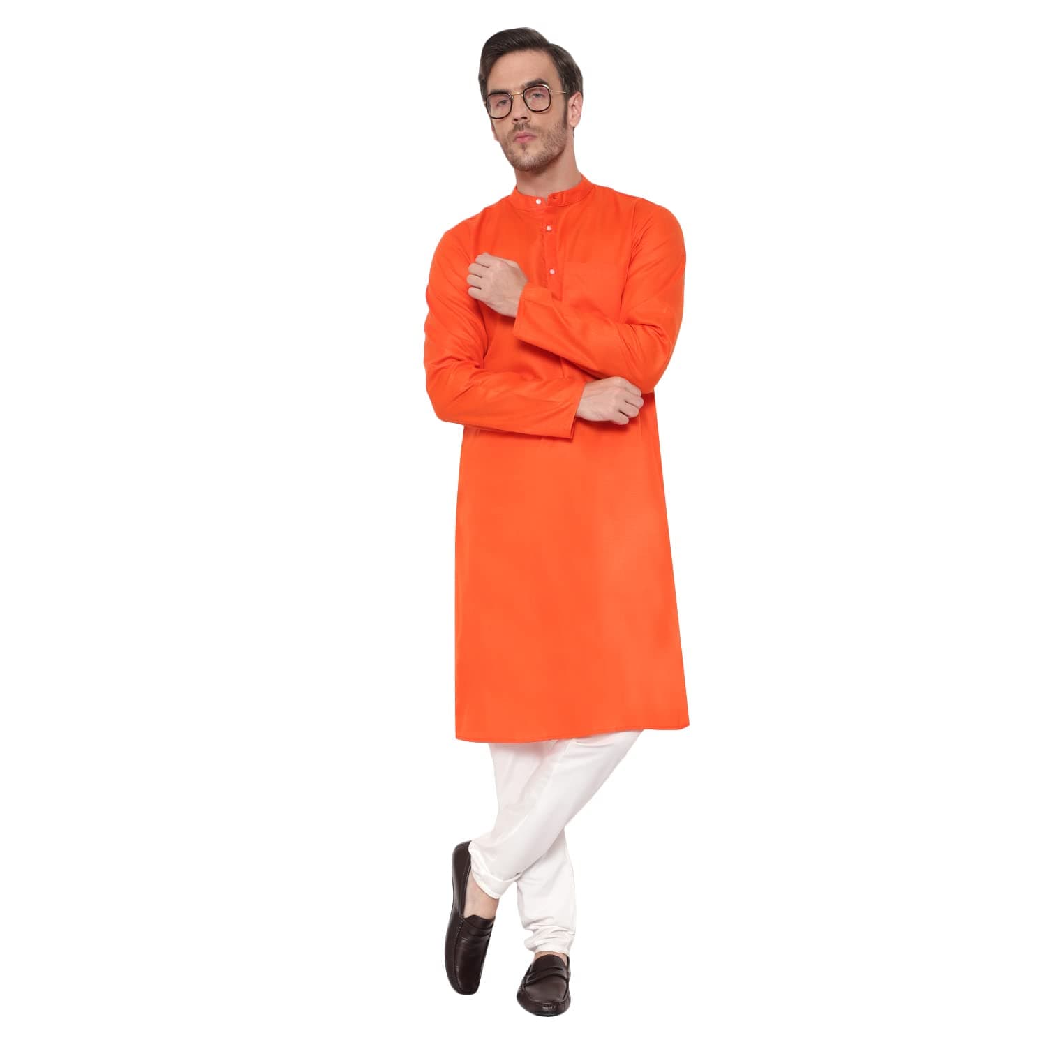 Latest ChikanMen's Cotton Blend Solid Long Kurta Full Sleeves - Casual Ethnic Wear