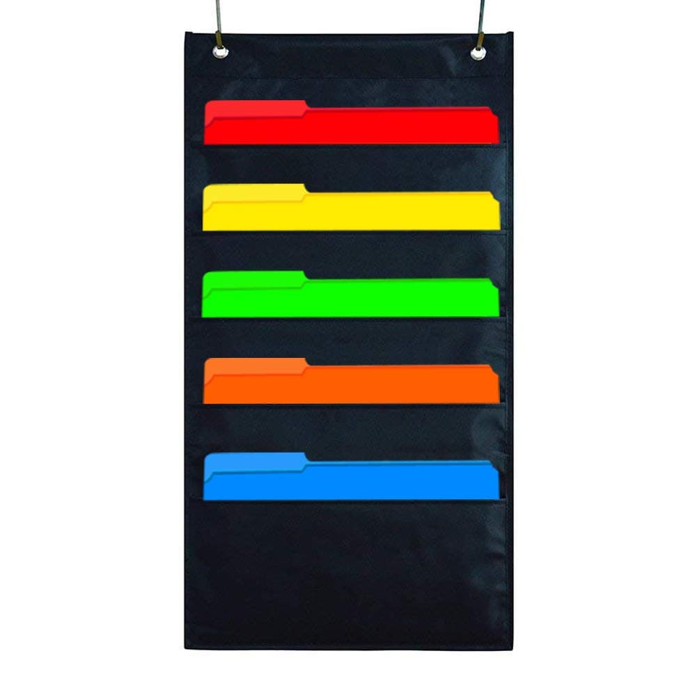 5 Pocket Hanging File Organizer, Cascading Wall Organizer Storage Pocket Chart, Office Supplies Storage, Home & Classroom Organizations - Black（5 Pockets）…