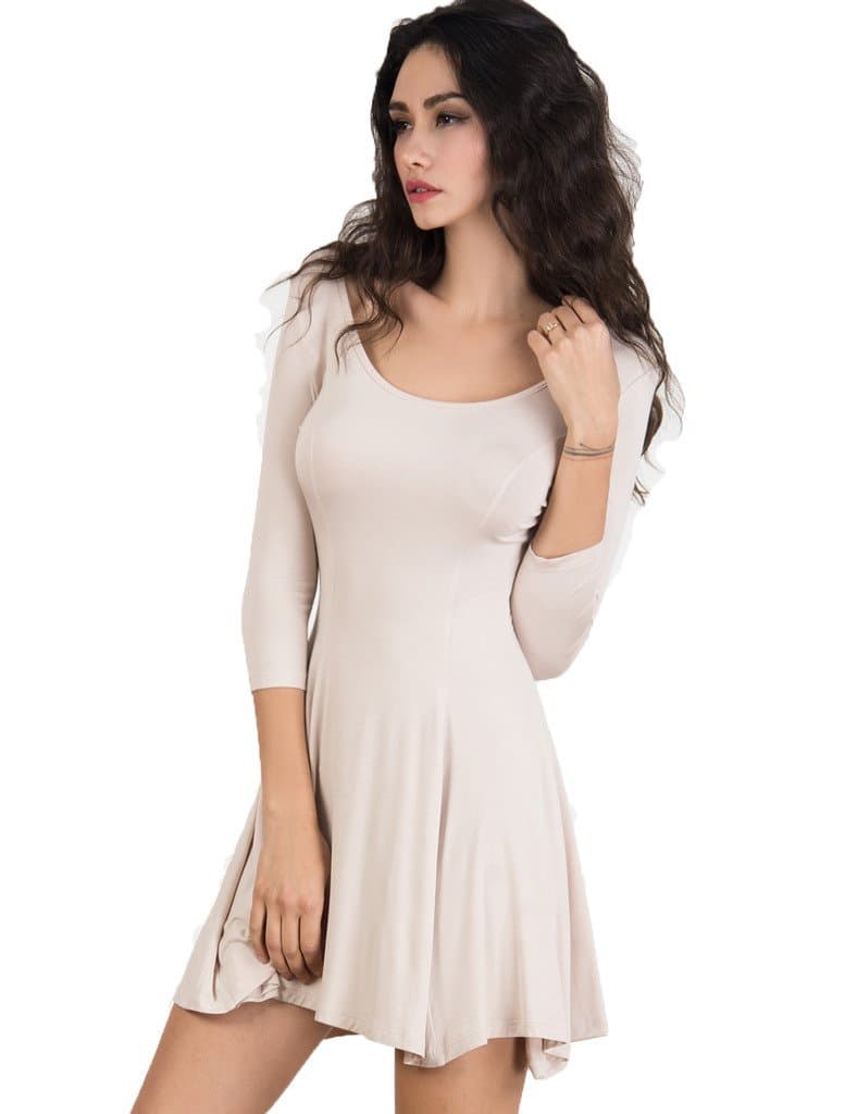 CR Women's Scoop Neck 3/4 Sleeve Plain Skater Mini Dress