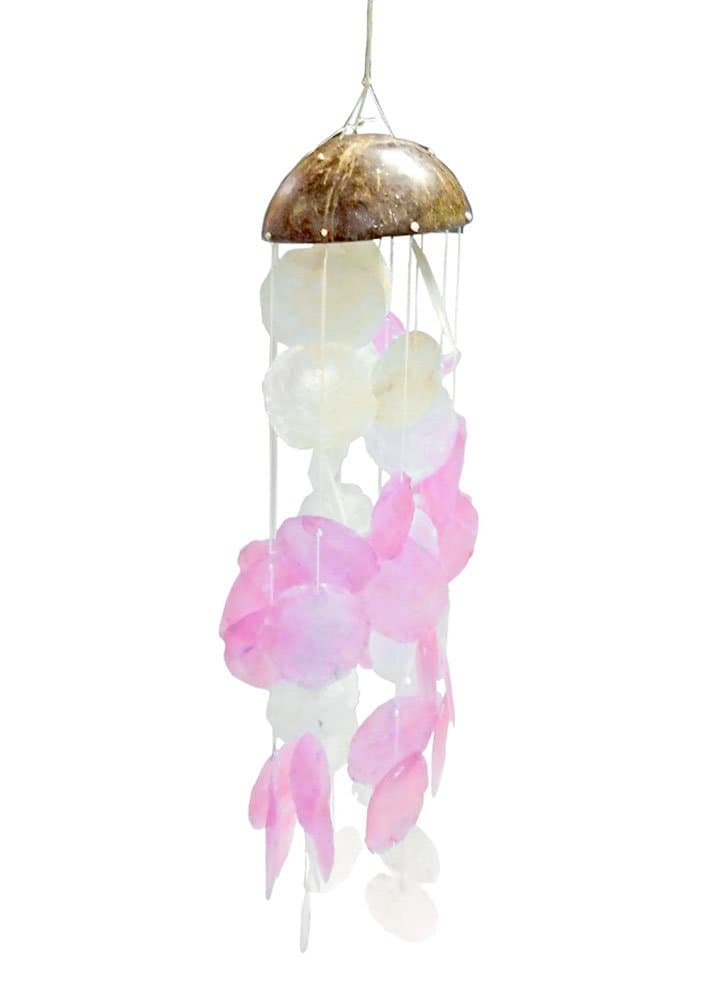 Holiday Souvenirs Genuine Capiz Shell Windchime Mobile with Coconut Top (Pink)