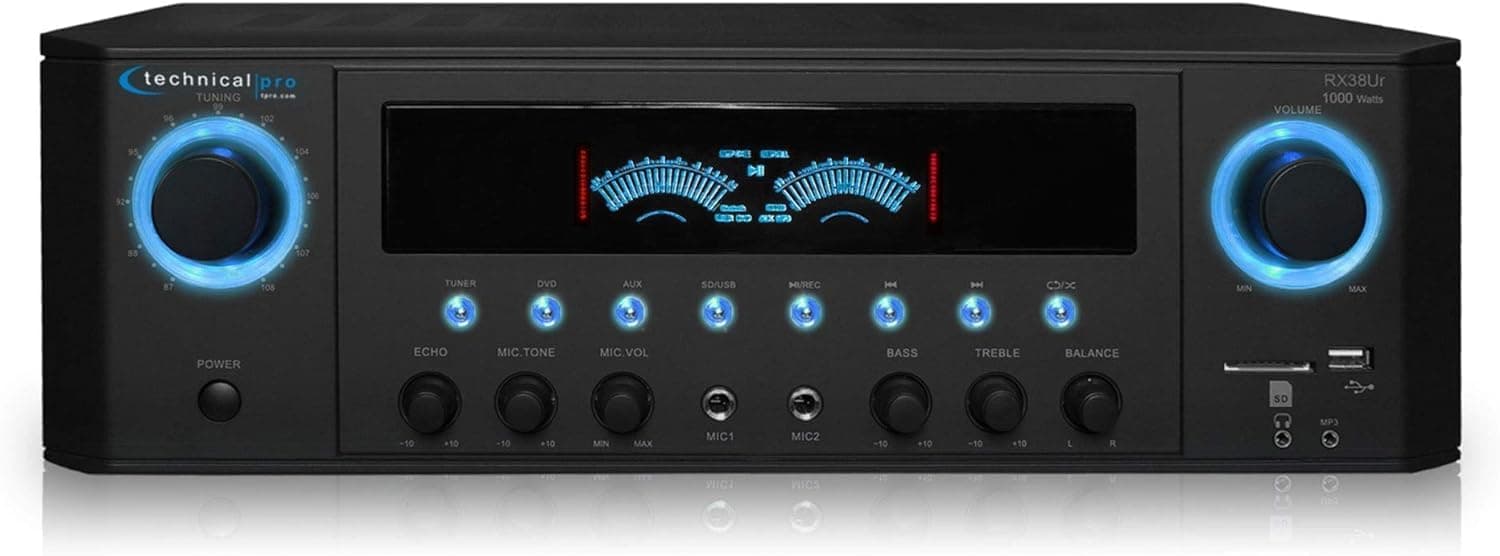 Professional Home Stereo Receiver with USB and SD Card Inputs, MP3 (AUX), 1000 Watts, 2 Mic Inputs, Recorder, Wireless Remote, FM Digital Tuner