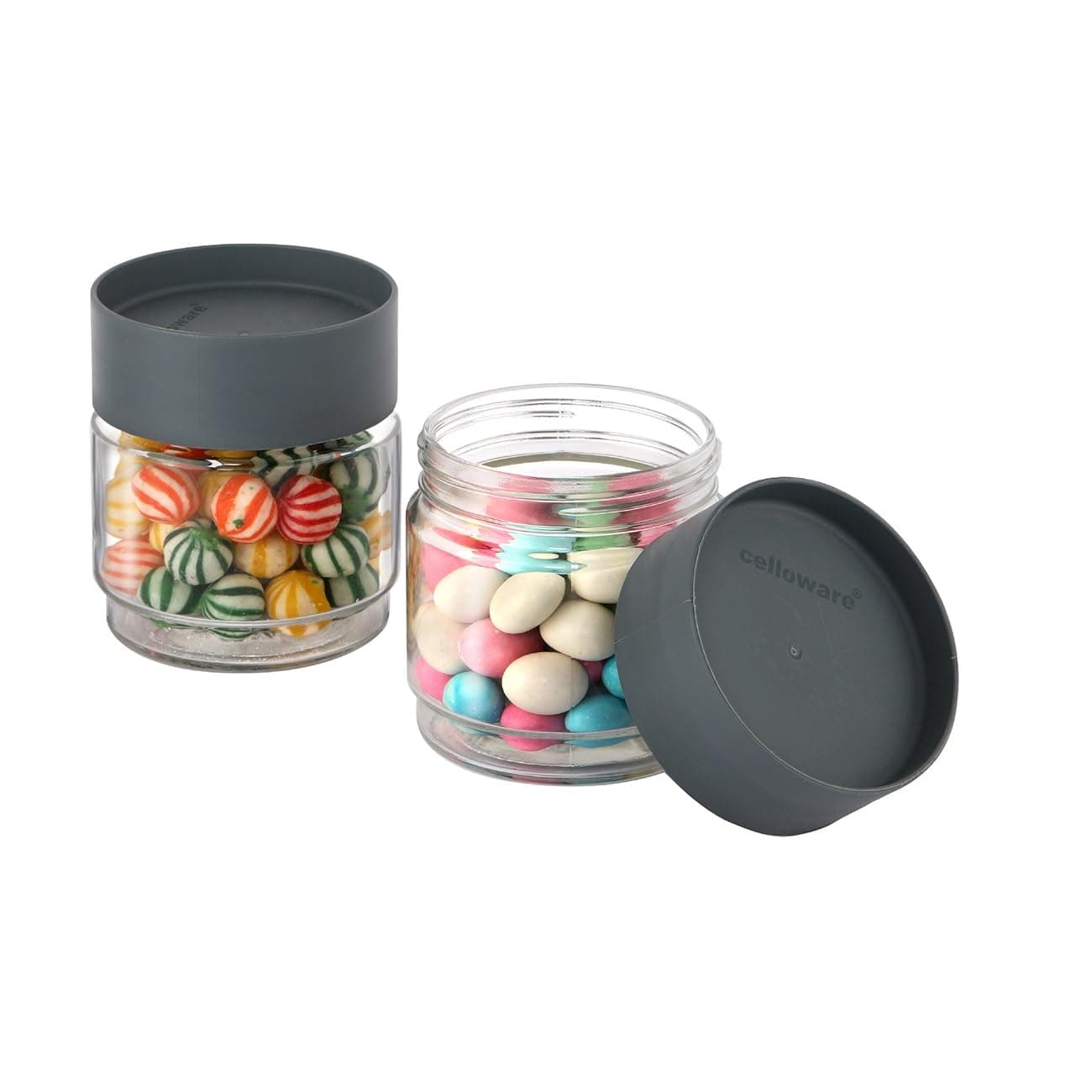 CELLO Modustack Glassy Storage Jar Set of 2, (500 ml x 2), Grey | Food Grade, Stackable & Space Saving Fridge Container Set| Transparent Airtight Kitchen Glass Jar For Cookies Snacks Pulses Dry Fruits