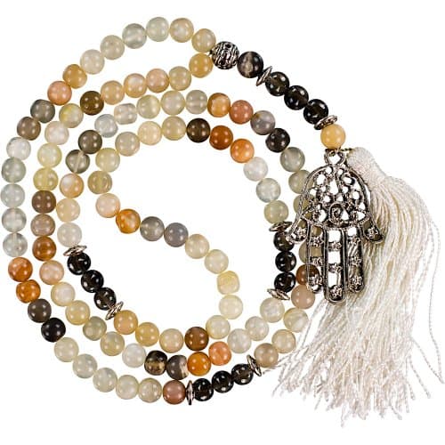 The New Age Source Gemstone Mala Fatima Hand Moonstone & Smokey Qtz