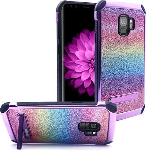 JITN Galaxy S9 Case with Heavy Duty Protection Kickstand Galaxy S9 Case with Shockproof Bling Glitter Hybrid Dual Layer Design Cover for Samsung Galaxy S9 5.8inch -Purple Colorful
