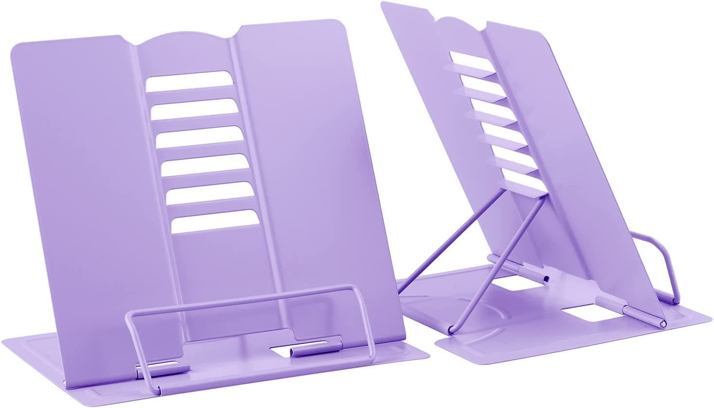 CooToly Metal Desk Book Stand,[2 Pack] Adjustable Cookbook Documents Holder Portable Sturdy Bookstands for Recipes Textbooks Tablet Music Books Purple